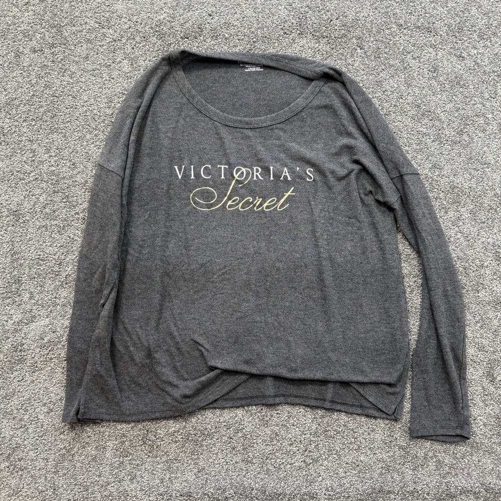 Victoria's Secret Women's Grey Split-Hem Long Sleeve Crew Neck Logo Shirt Size L
